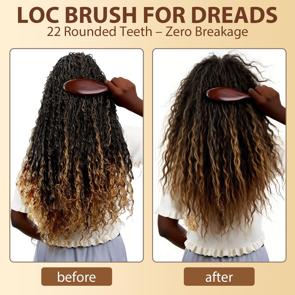 KONOVOLY sandalwood locs brush travel-compact size in bag ready for on-the-go grooming.