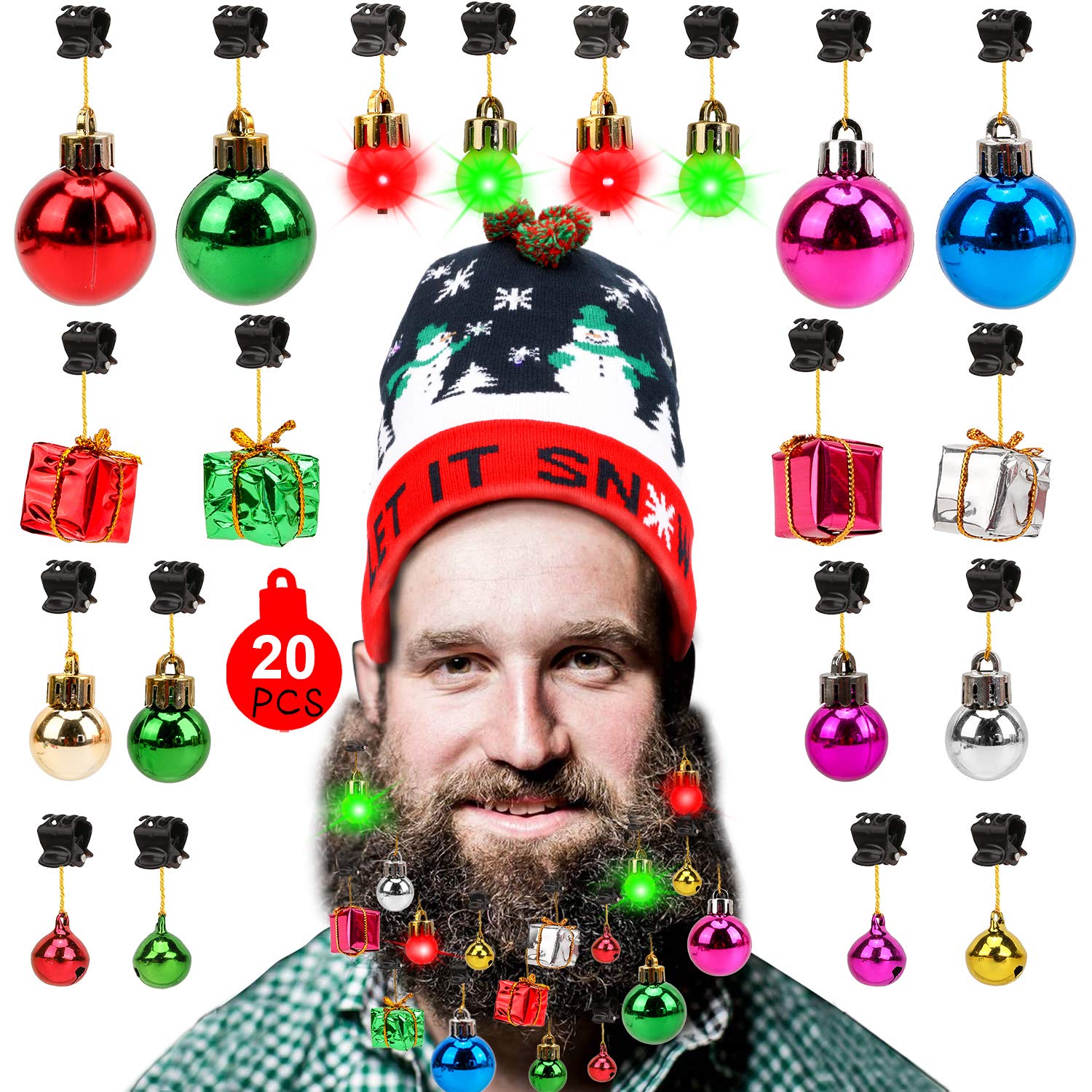 Konsait beard ornaments with jingling bells add festive flair to your holiday look.