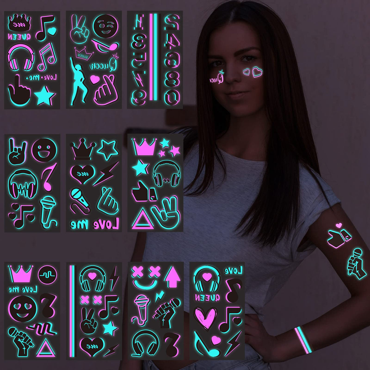 Konsait glow tattoo music notes sheet 1 for neon party glow effects.