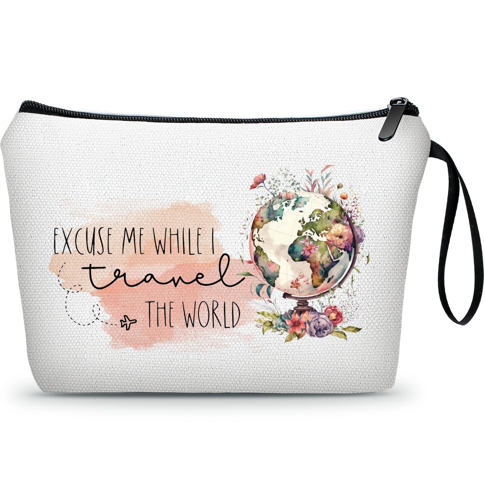 KONSOM travel makeup bag front print shows world travel motif for organized cosmetics on trips