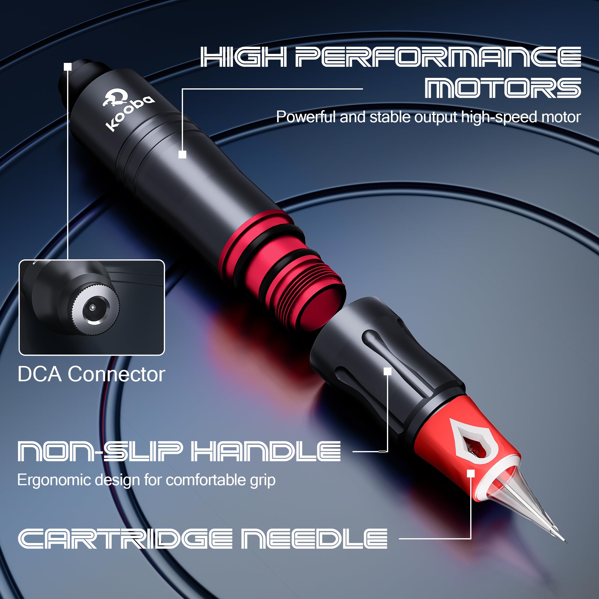 KOOBA Tattoo Gun Kit regulator shows adjustable voltage for versatile sessions.