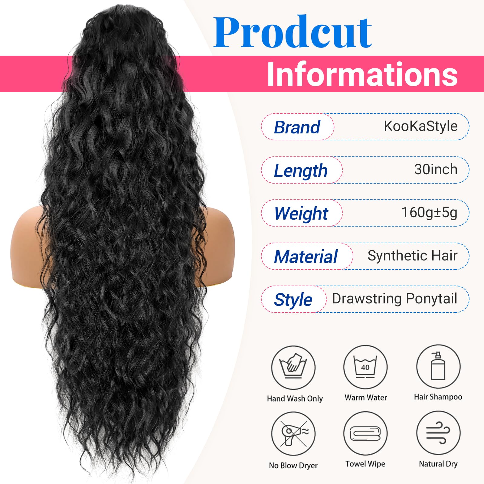 KooKaStyle pony tail 30inch curly length display highlights full layered look for versatile styling