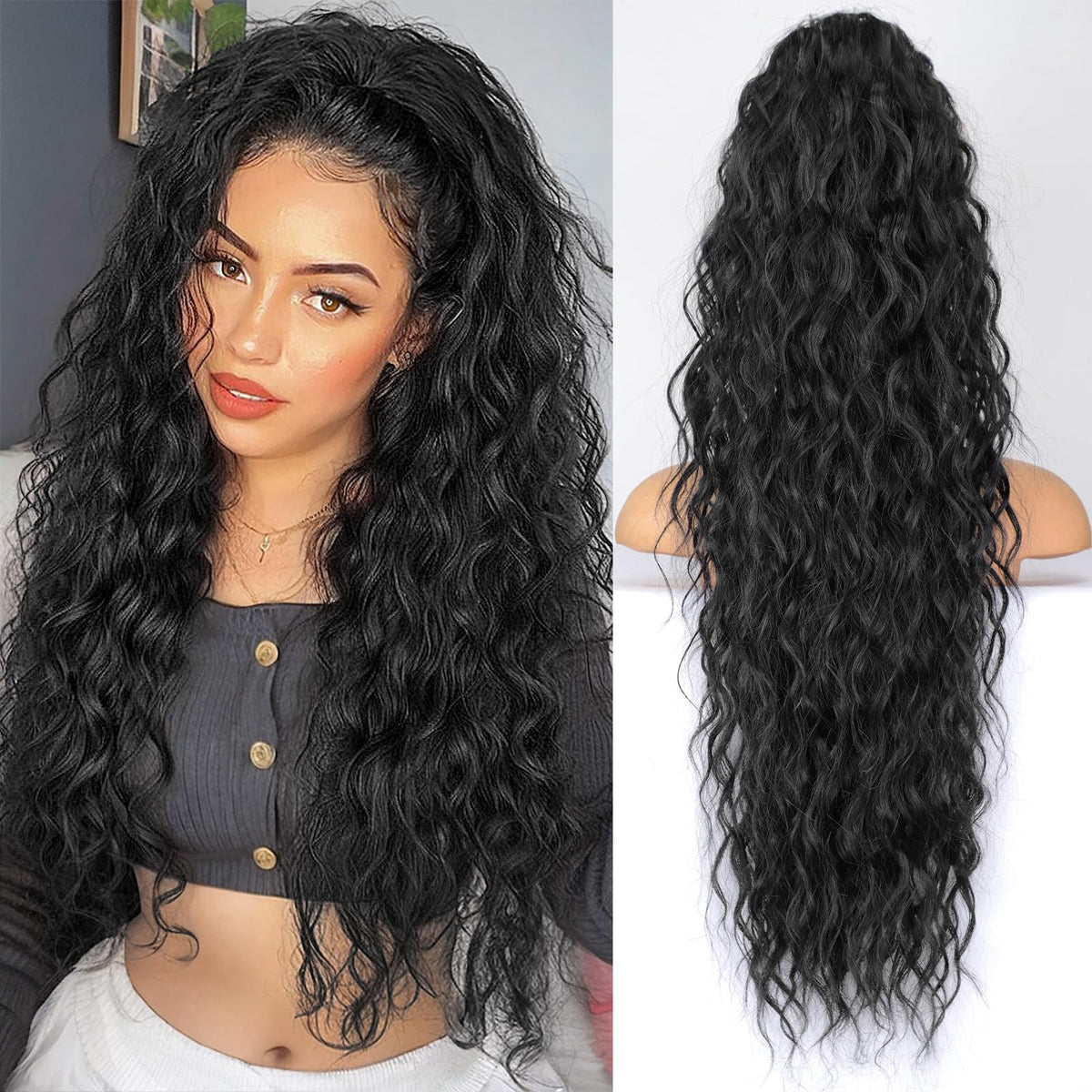 KooKaStyle pony tail 30inch drawstring closeup shows natural-looking heat-friendly synthetic texture for everyday wear