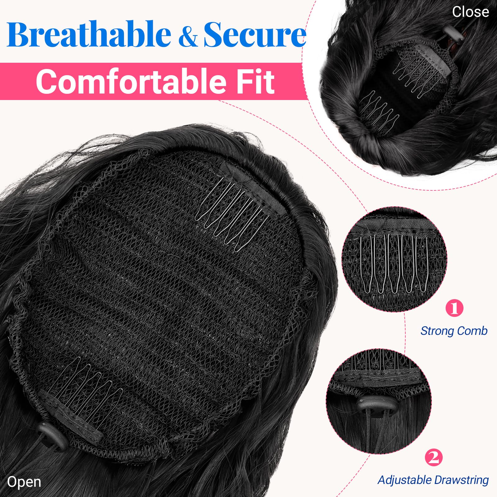 KooKaStyle pony tail 30inch two-combs drawstring attachment ensures secure wear through the day