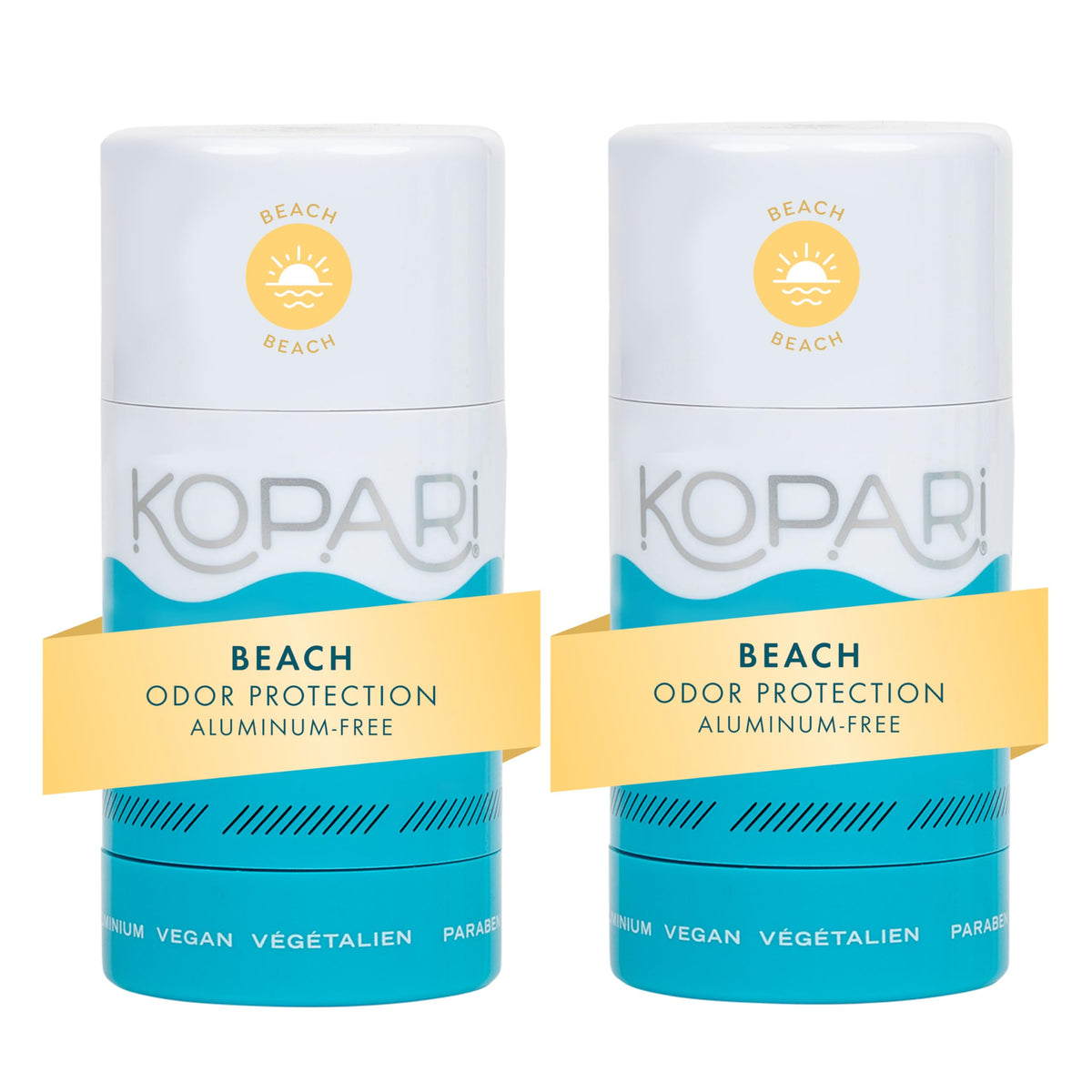 Kopari aluminum-free coconut deodorant Beach 2-pack pack shot for long-lasting freshness.