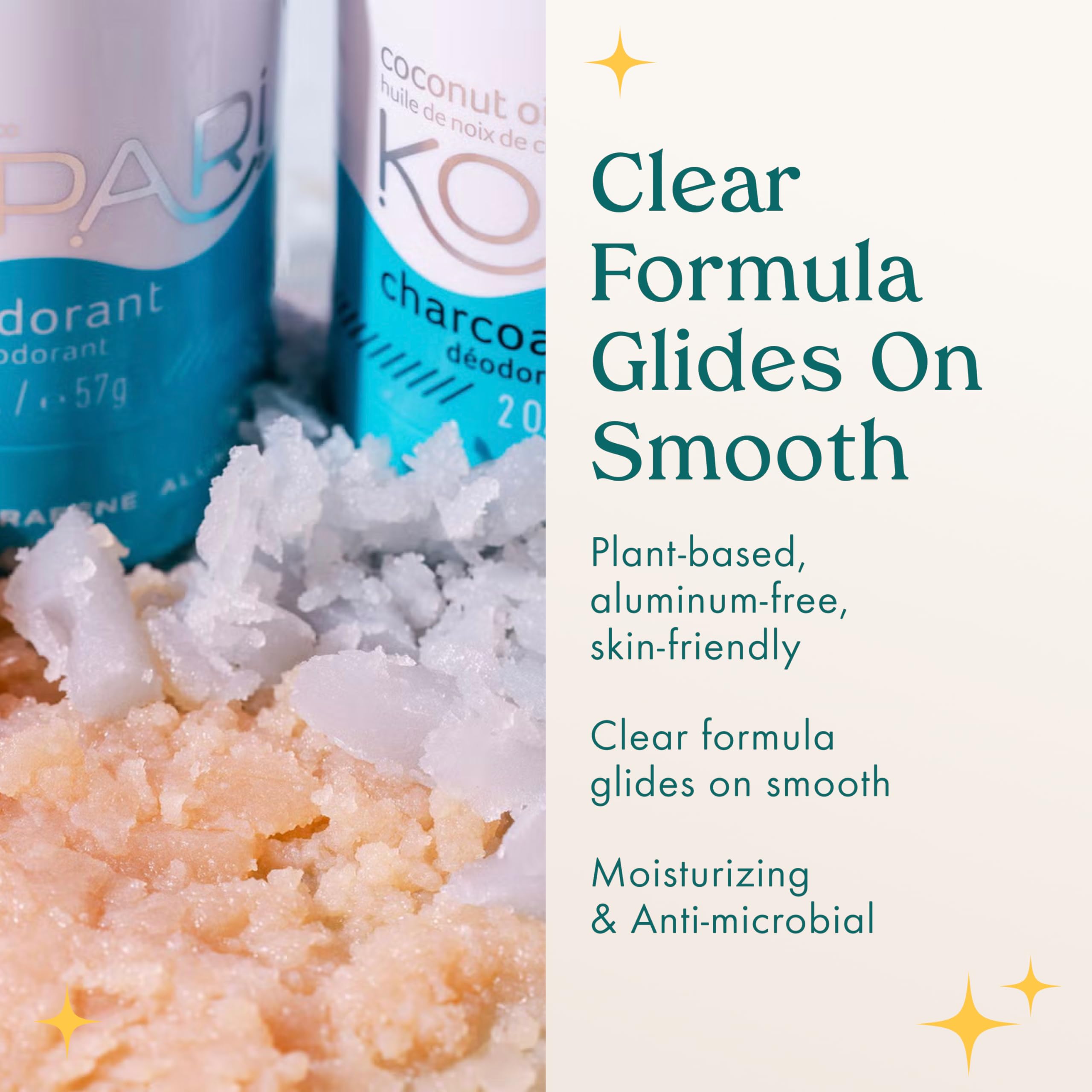 Kopari aluminum-free coconut deodorant bottle close-up highlighting clear formula.