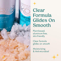 Kopari aluminum-free coconut deodorant bottle close-up highlighting clear formula.