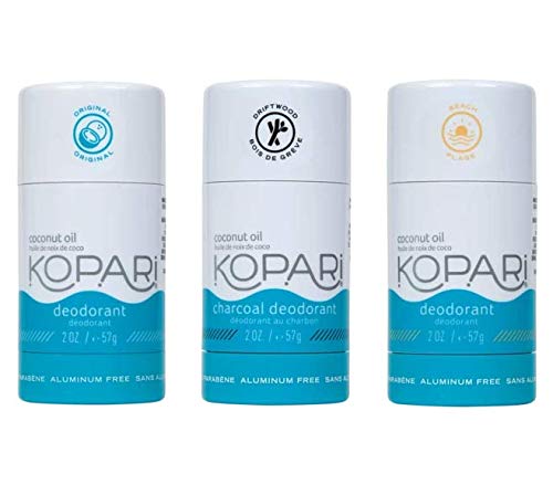 Kopari aluminum-free deodorant 3-pack front shot shows travel-friendly bottles.