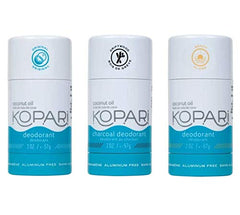 Kopari aluminum-free deodorant 3-pack front shot shows travel-friendly bottles.