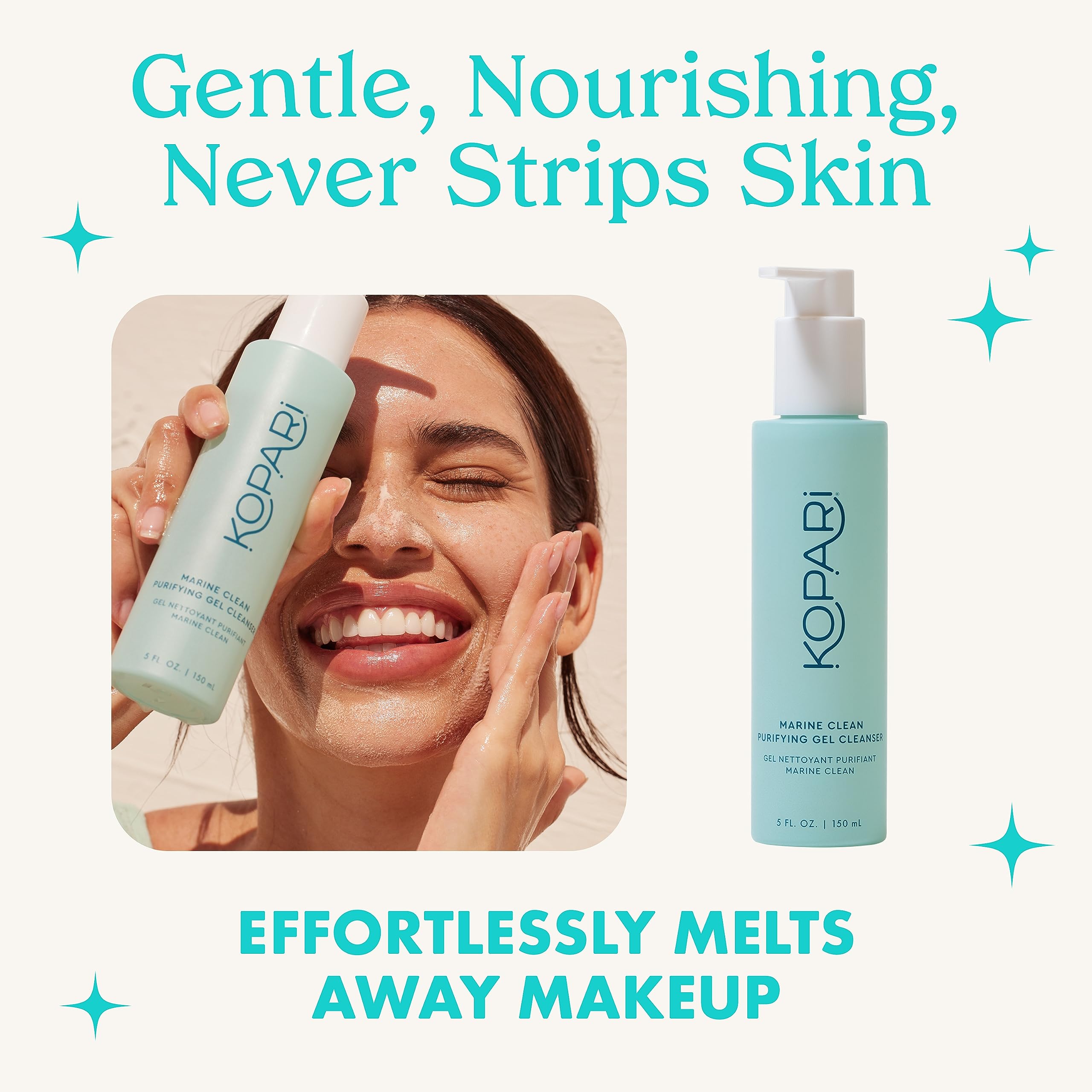 Kopari Marine Clean Purifying Gel Cleanser features amino acids and Vitamin B5 for lasting softness.