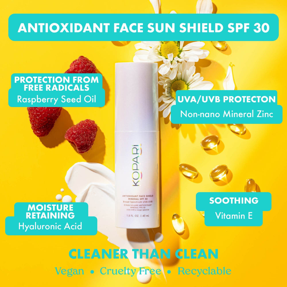 Kopari Antioxidant Face Shield apply-face-neck shows easy extension to neck for day-long protection.