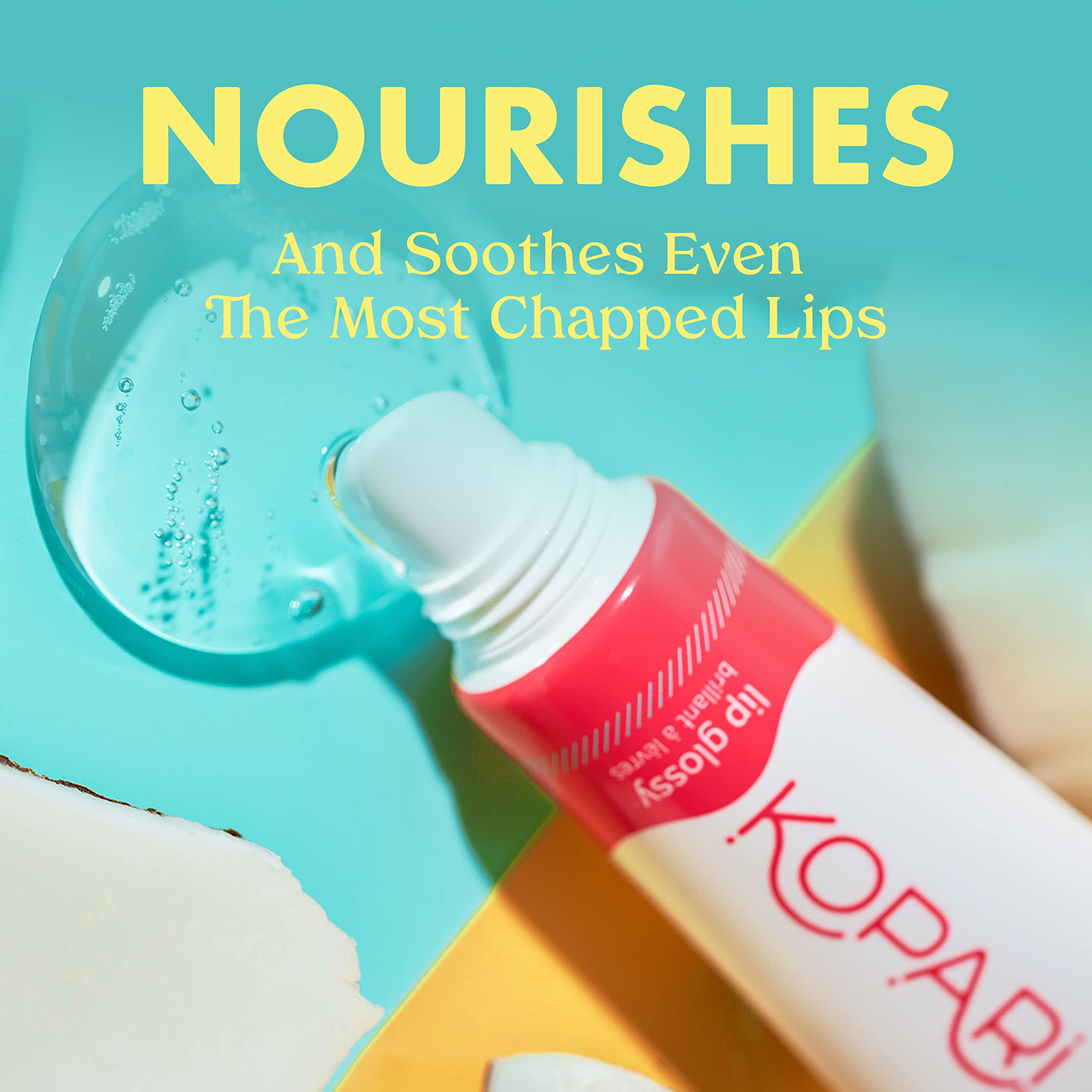 Kopari Coconut Lip Glossy being applied for a non-sticky shine.