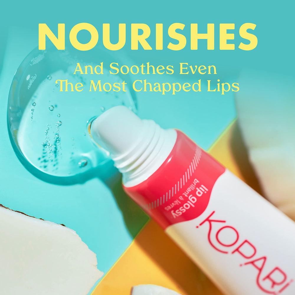 Kopari Coconut Lip Glossy being applied for a non-sticky shine.