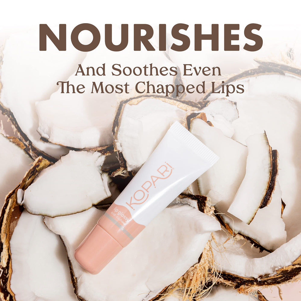 Kopari Coconut Lip Glossy on lips for lasting hydration without stickiness.