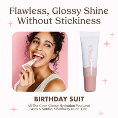 Kopari Coconut Lip Glossy five-shade display highlights nude tones for all skin tones.