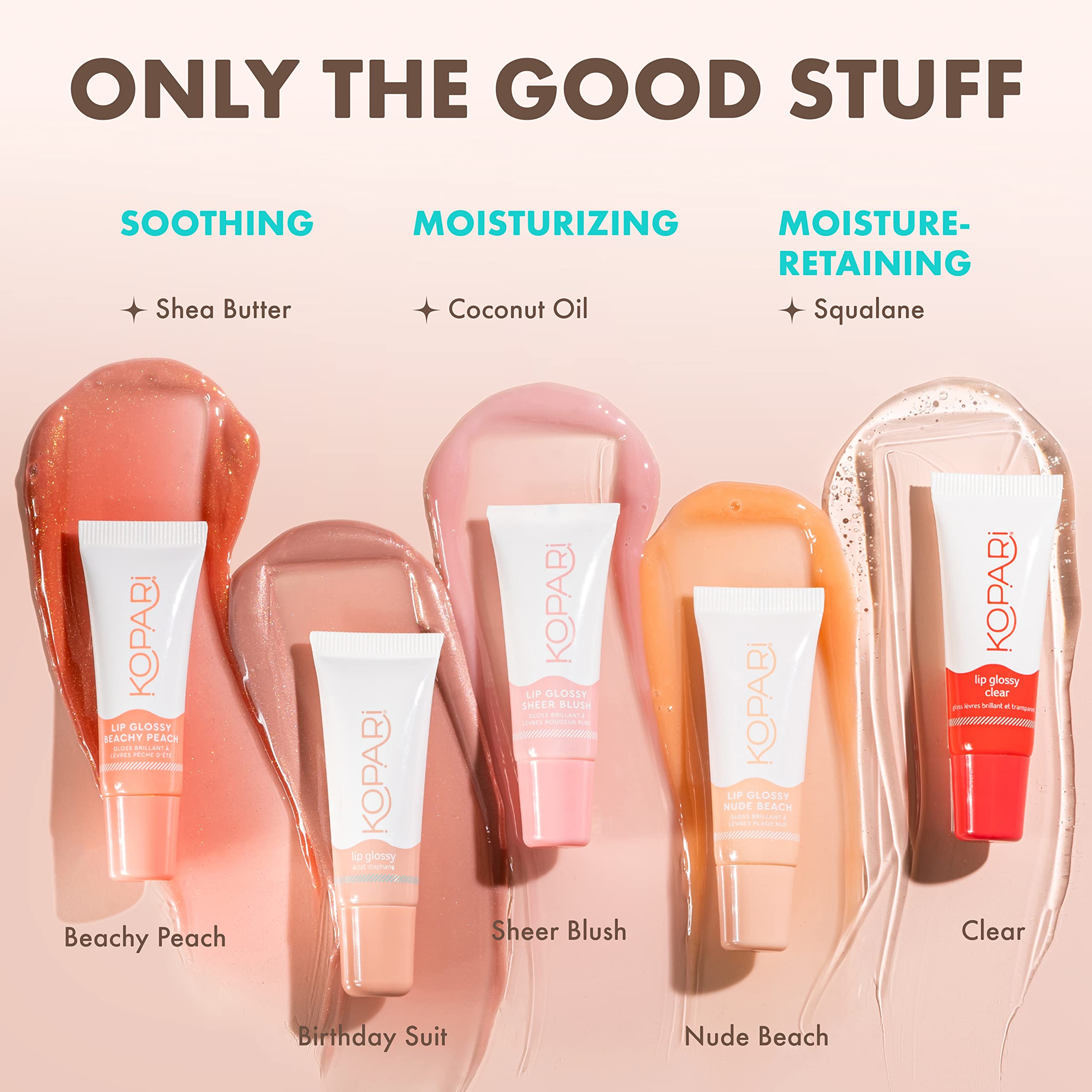 Kopari Coconut Lip Glossy emphasizes organic coconut oil for hydration.