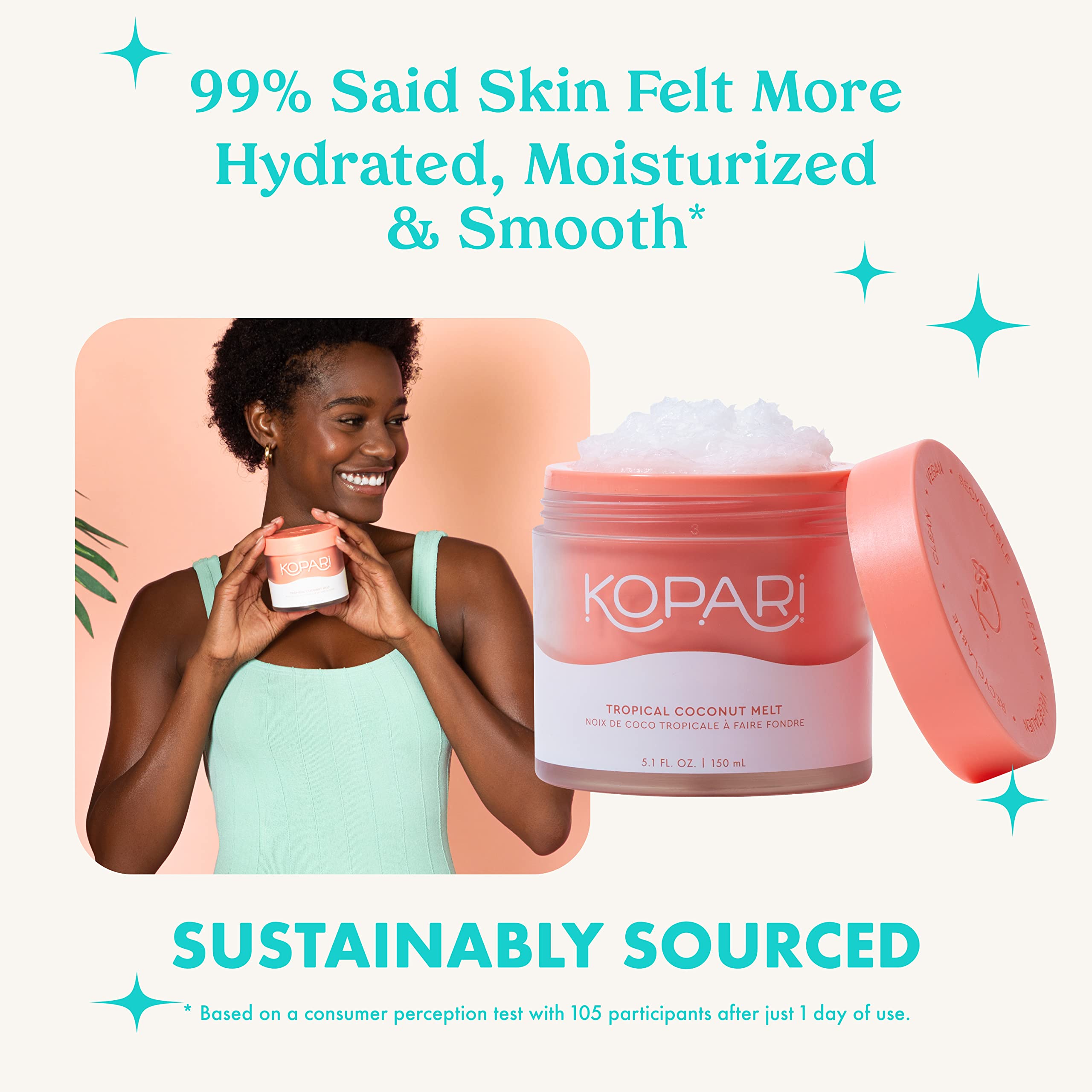 Kopari Coconut Melt texture on hand demonstrates smooth glide for face, body, or hair.