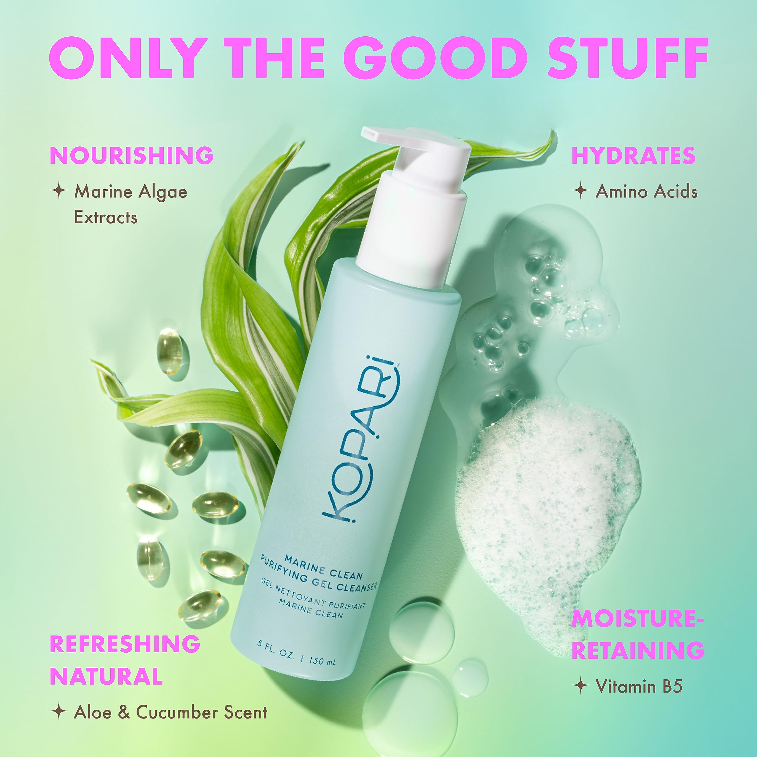 Kopari Marine Clean Purifying Gel Cleanser dermatologist-tested badge for daily use.