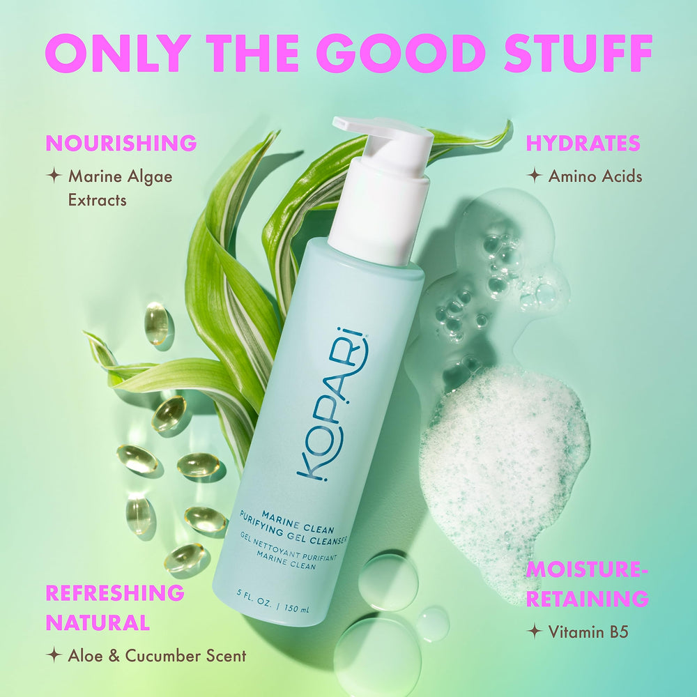 Kopari Marine Clean Purifying Gel Cleanser dermatologist-tested badge for daily use.