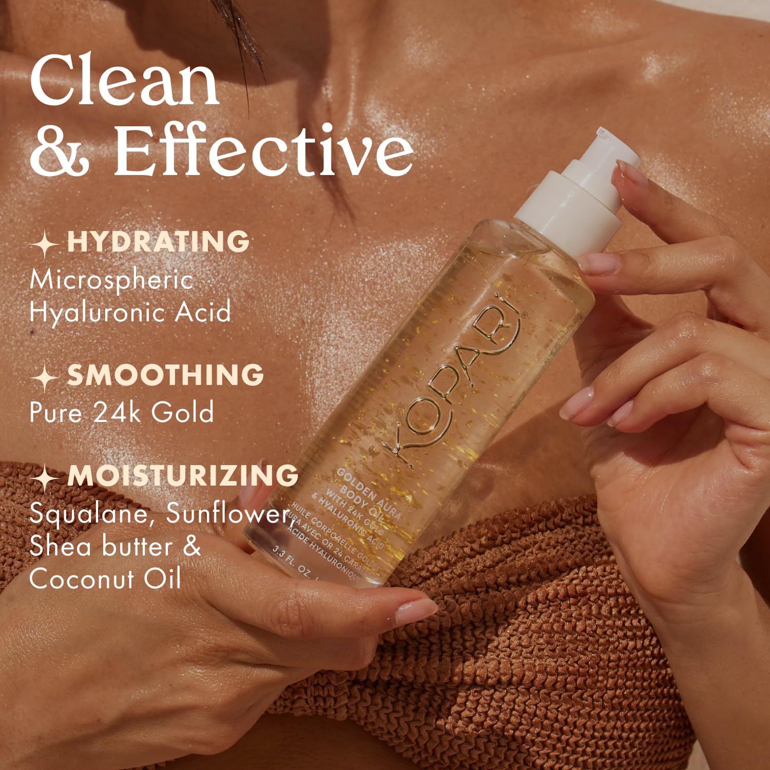 Kopari Golden Aura Oil emphasizing hyaluronic acid for plumped, hydrated skin.