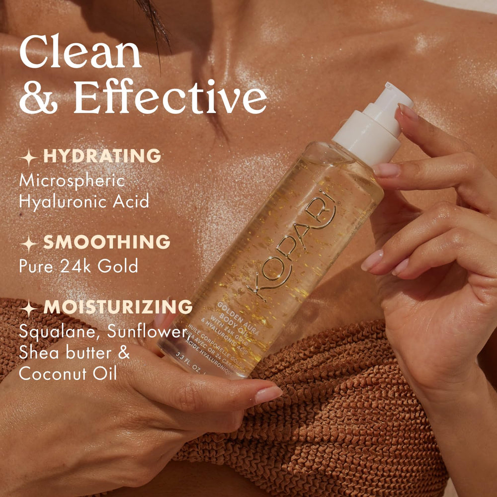 Kopari Golden Aura Oil emphasizing hyaluronic acid for plumped, hydrated skin.