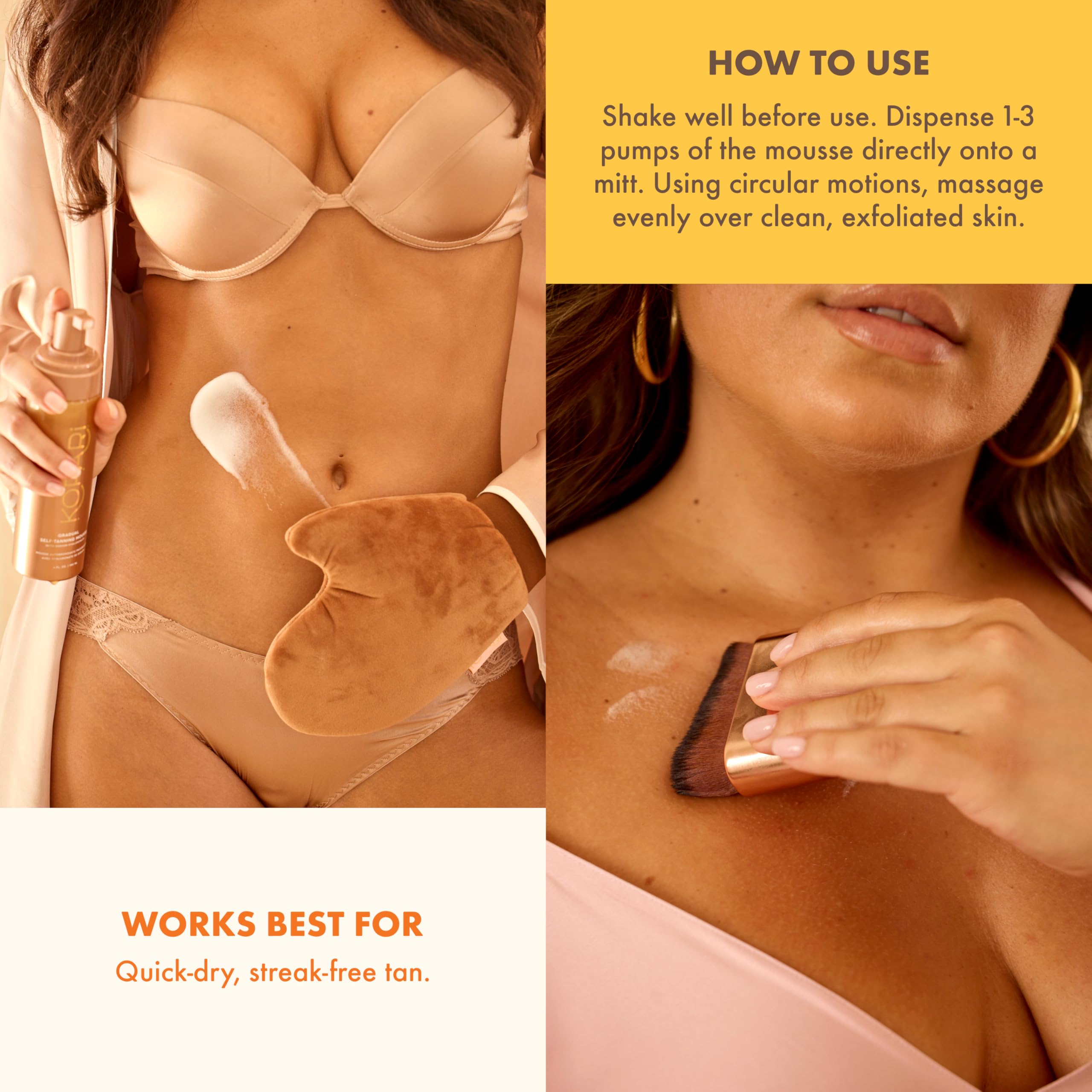 Kopari Gradual Self-Tanning Mousse quick-dry action minimizes transfer during wear.