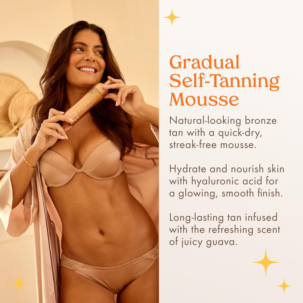 Kopari Gradual Self-Tanning Mousse with mitt enables streak-free, controllable tan.
