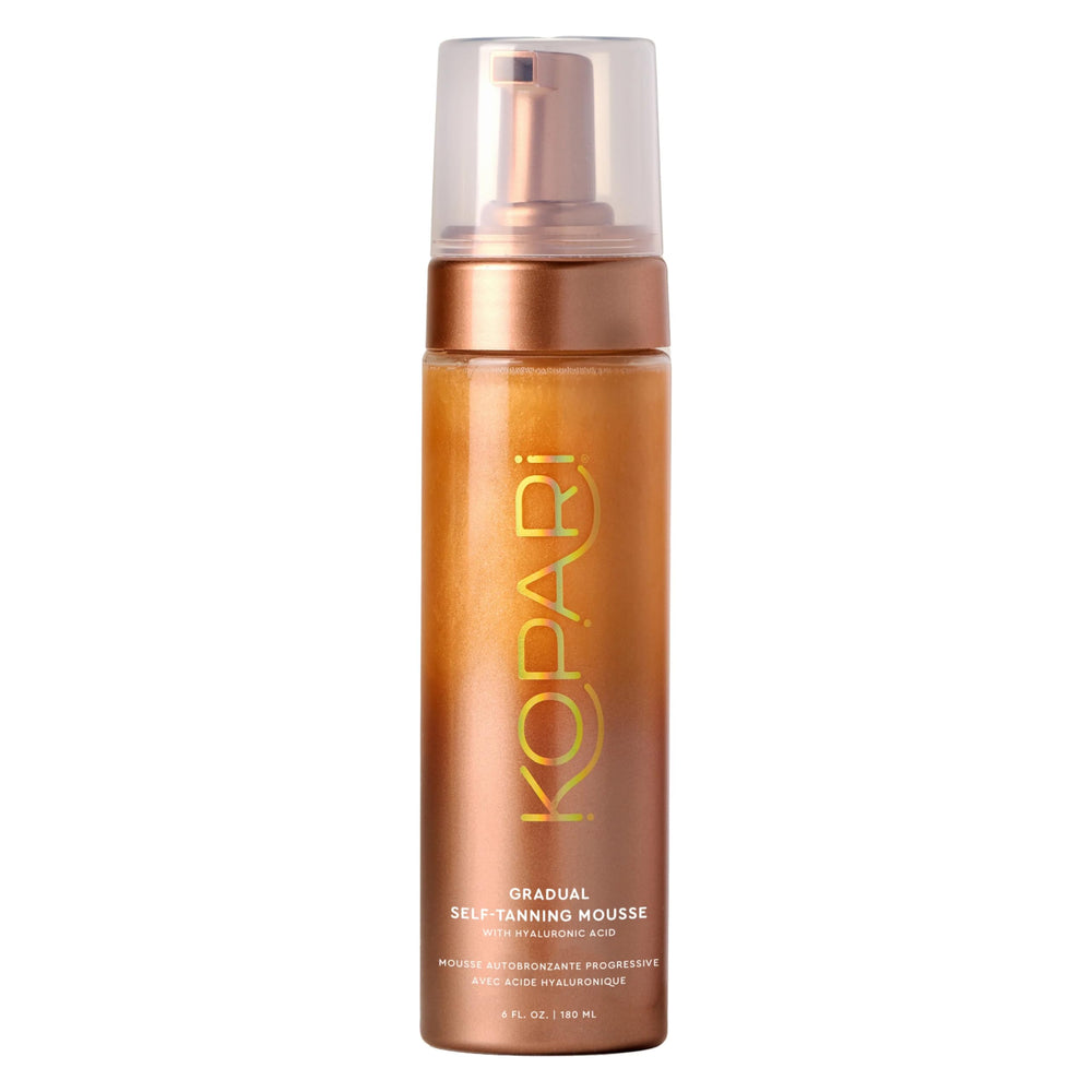 Kopari Gradual Self-Tanning Mousse pump bottle provides smooth, even tan with hydration.