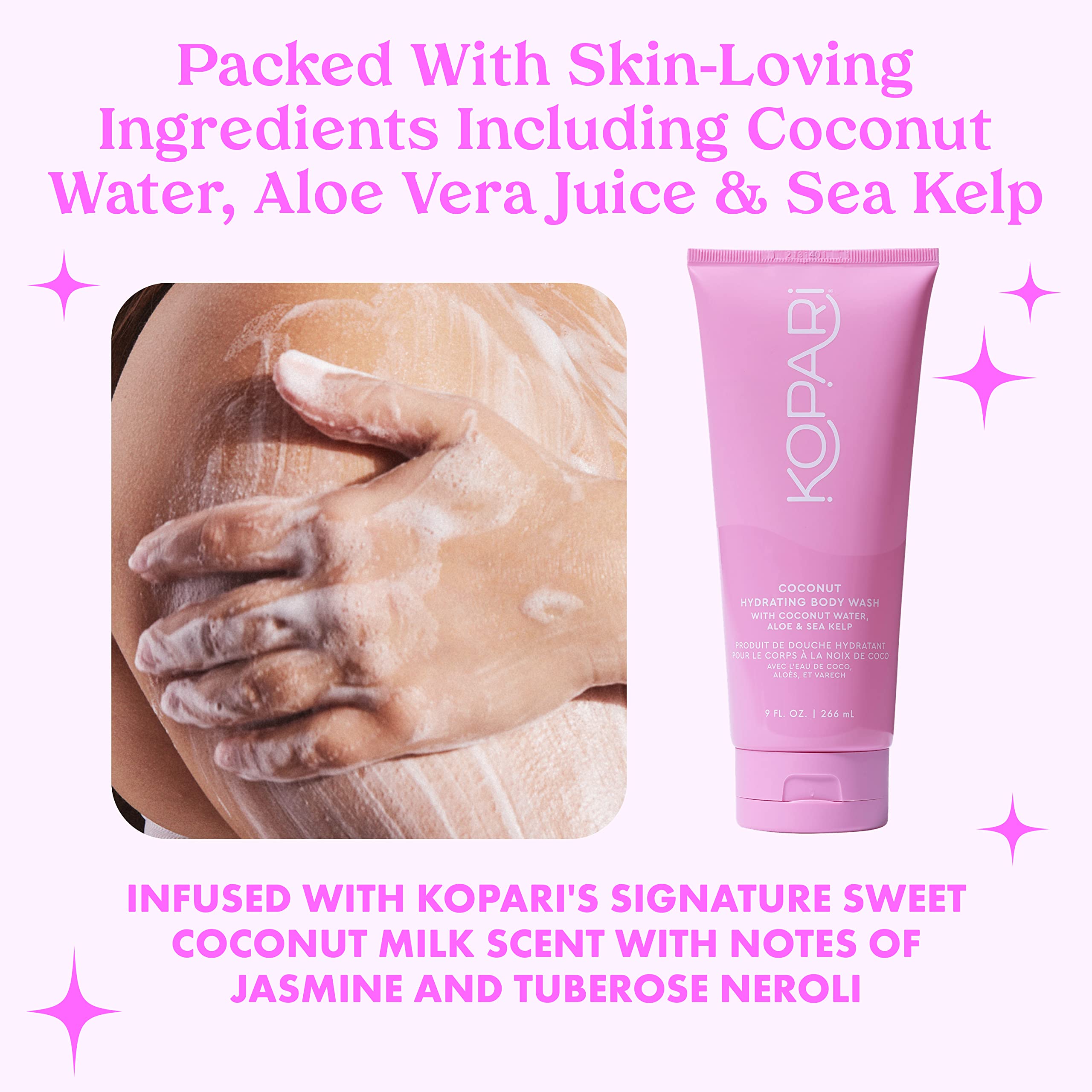 Kopari Hydrating Body Wash with coconut water nourishes skin during shower ritual.