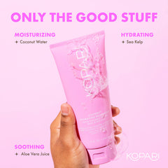 Kopari bottle highlights organic coconut water, aloe vera, and sea kelp ingredients.