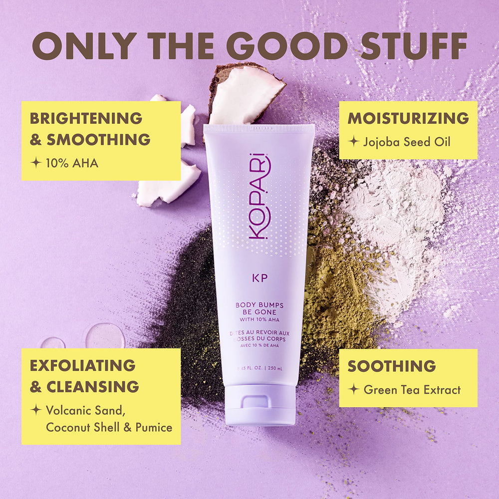 Kopari KP Body Bumps Exfoliating Scrub features green tea and ingredients for calmer skin.