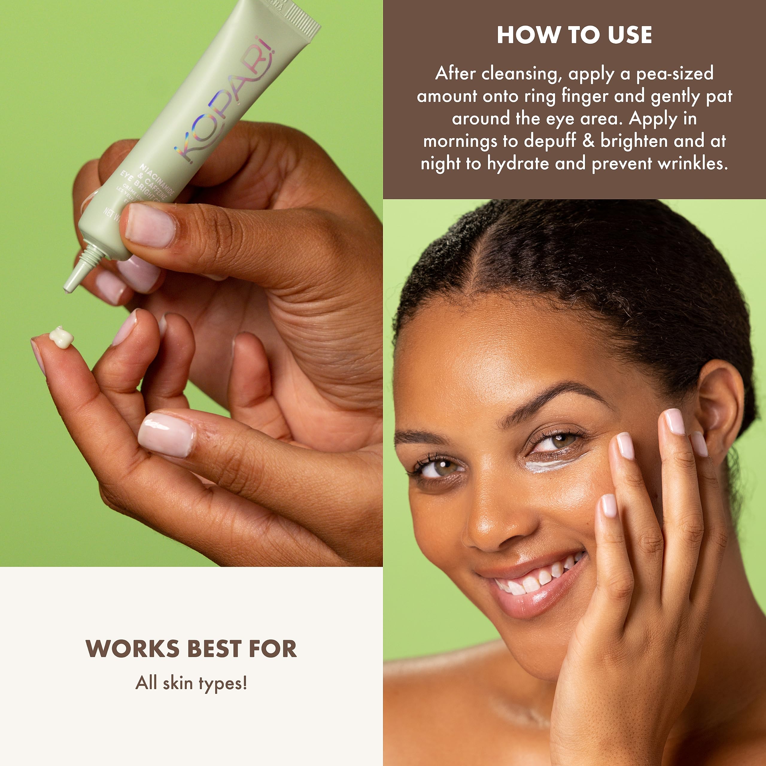 Kopari Niacinamide & Caffeine Eye Bright Cream packaging shows travel-ready 0.5 oz tube.