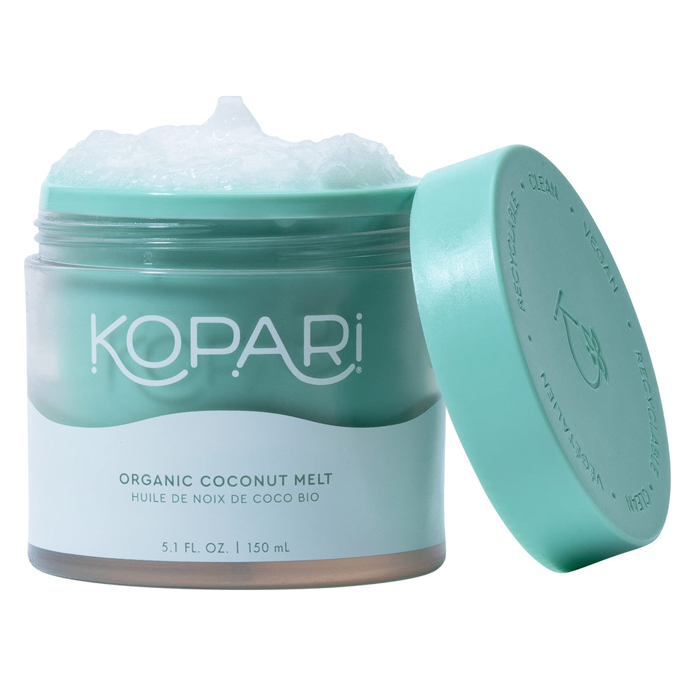 Kopari Organic Coconut Melt bottle showing versatile skin moisturizer for face and body