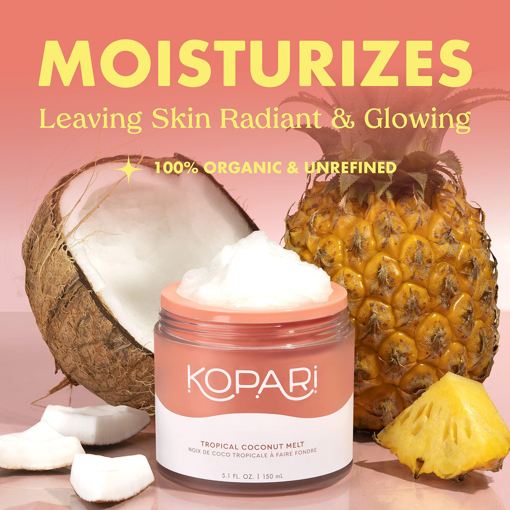 Kopari Organic Coconut Oil ingredients label highlighting natural formula for all skin types.