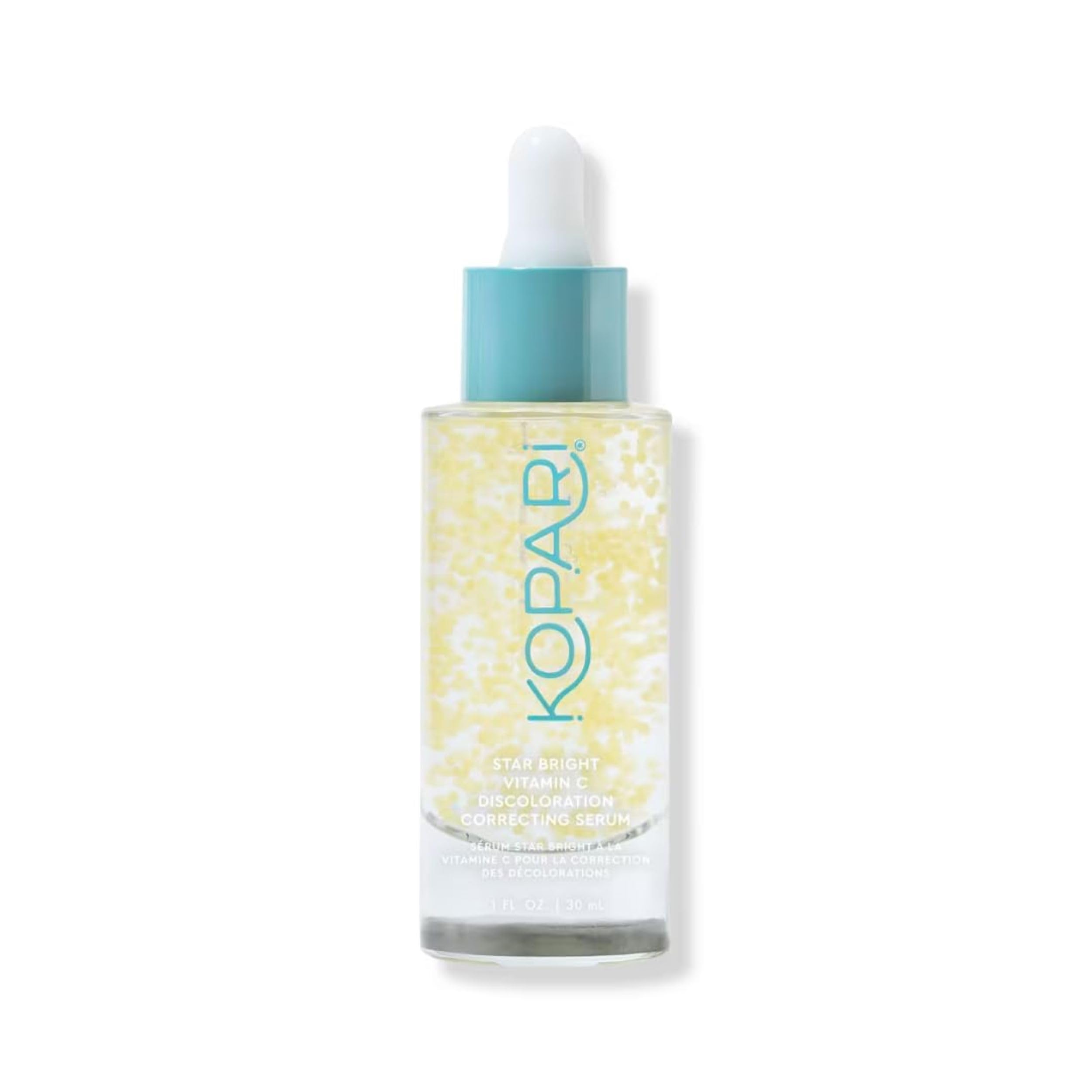 Kopari Star Bright serum bottle close-up highlights encapsulated Vitamin C for gentle daily brightening.