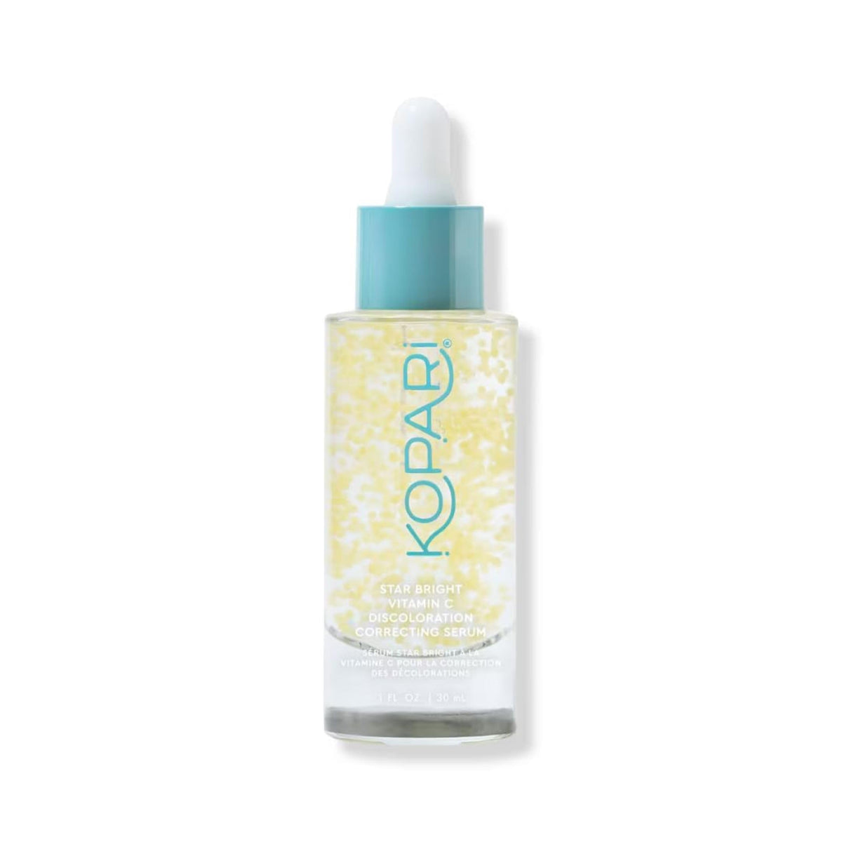 Kopari Star Bright serum bottle close-up highlights encapsulated Vitamin C for gentle daily brightening.