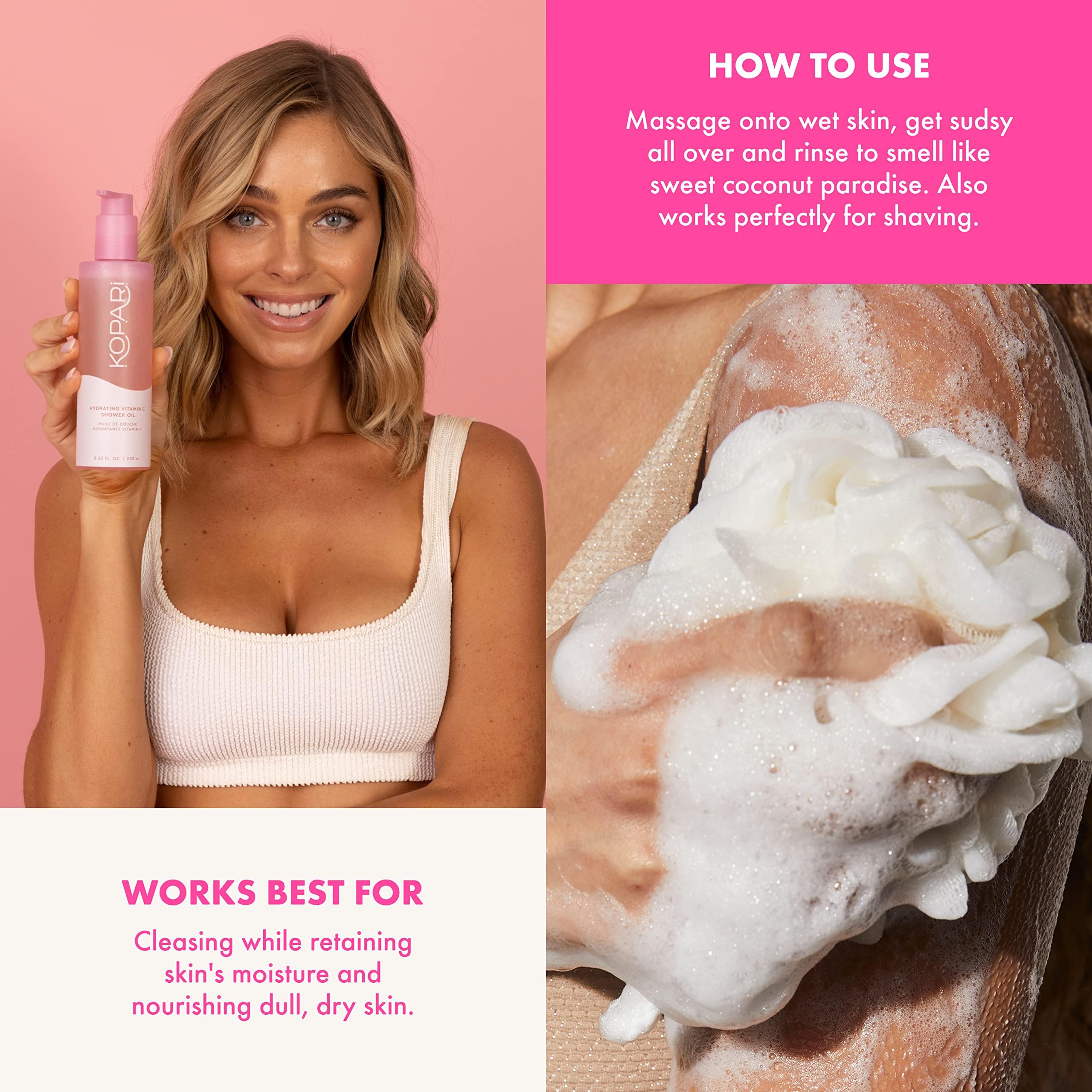 Post-shower glow and hydrated skin after using Kopari Sudsy Shower Oil.
