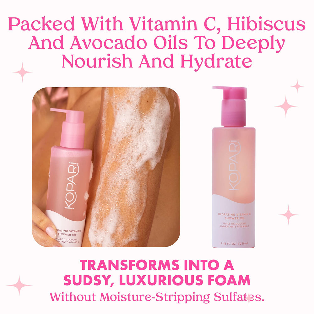 Ingredients highlight hibiscus and avocado oils in Kopari Sudsy Shower Oil nourish skin.
