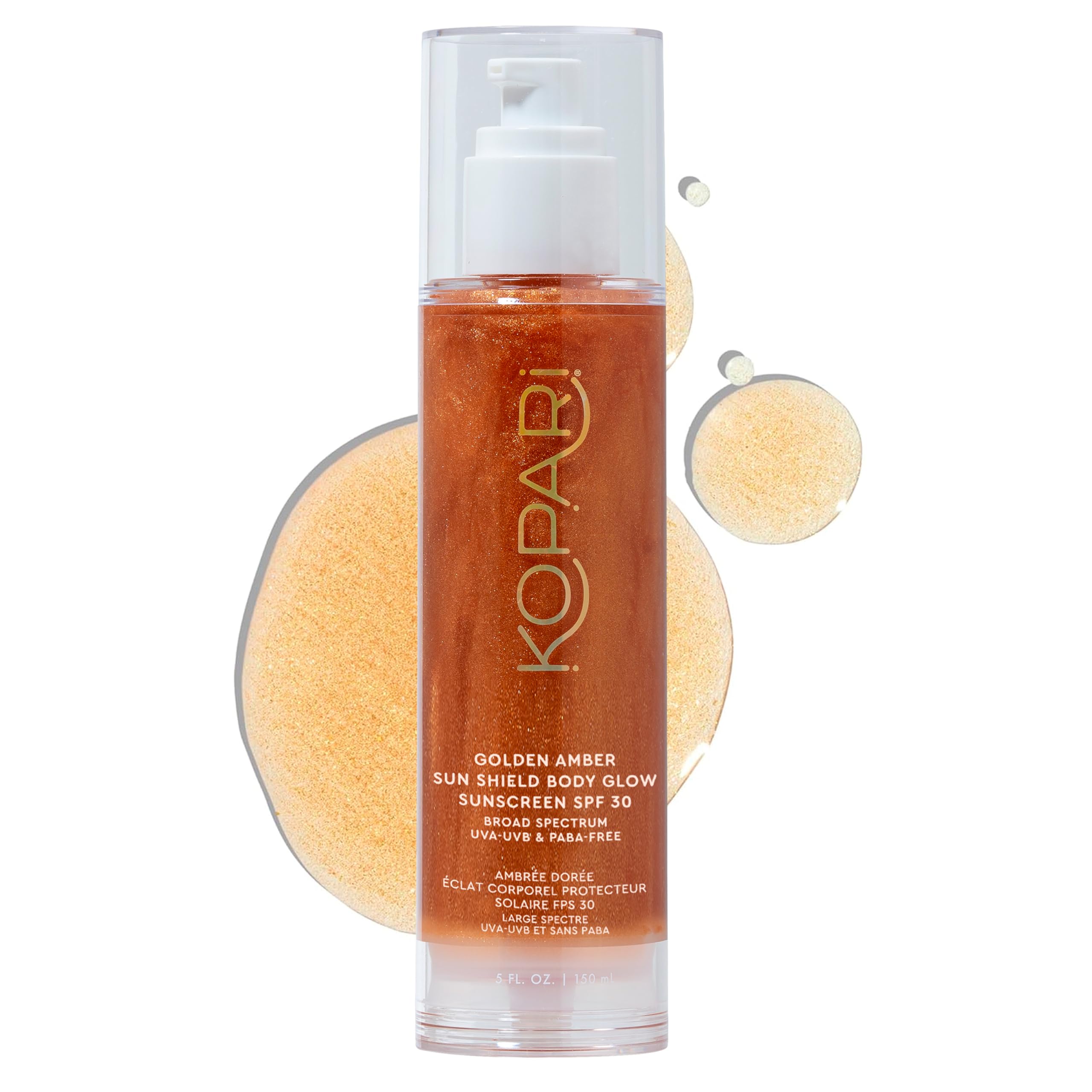 Kopari Sun Shield Body Glow bottle showing golden amber SPF glow for protected radiance.