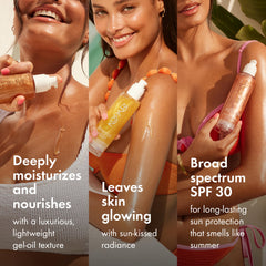 Kopari Sun Shield Body Glow rose gold shimmer on skin.