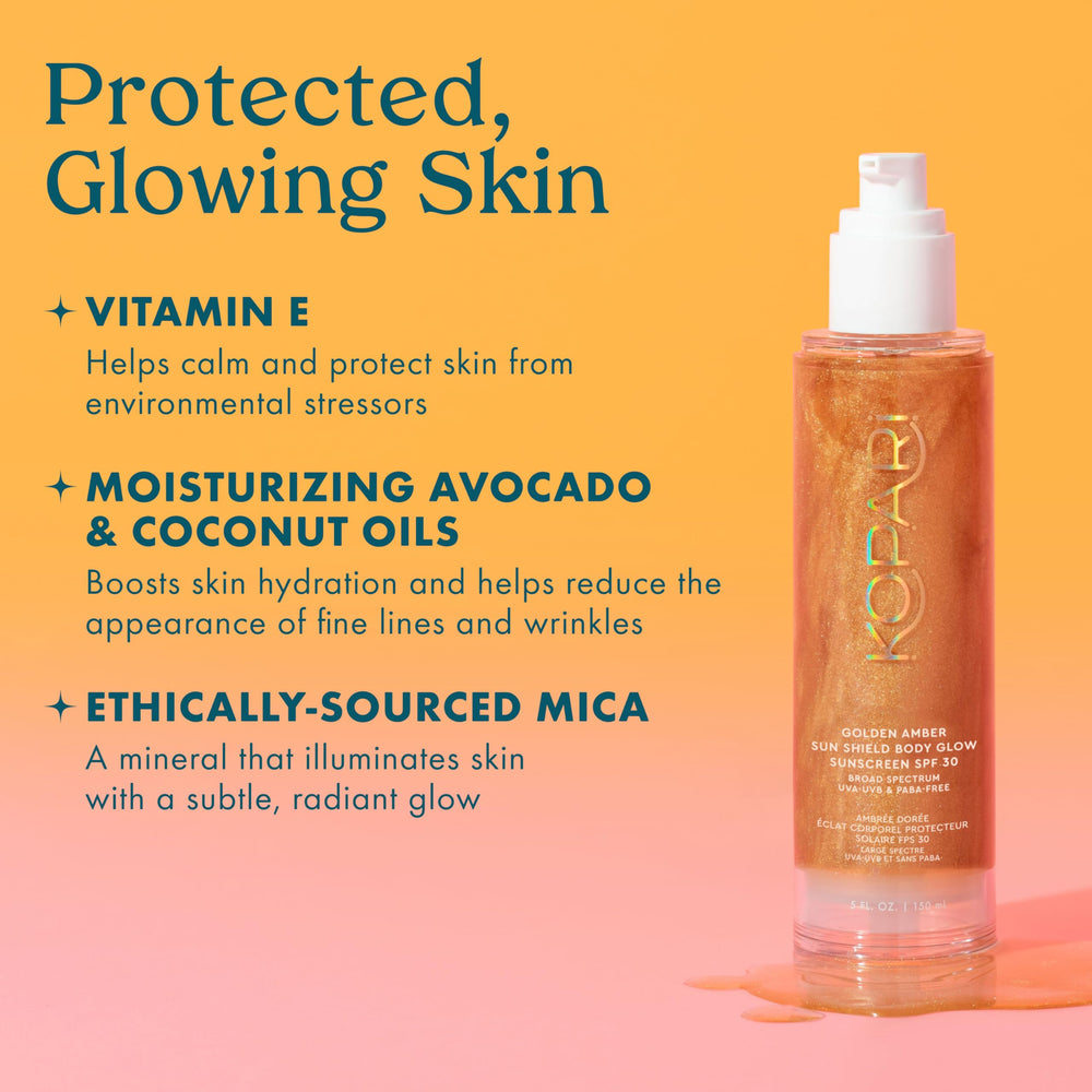 Kopari Sun Shield Body Glow SPF 30 label underlining broad spectrum protection.