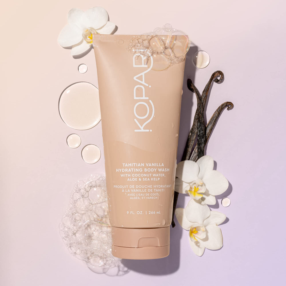 Kopari Tahitian Vanilla body-care-routine demonstrates a refreshing cleanse with coconut water.