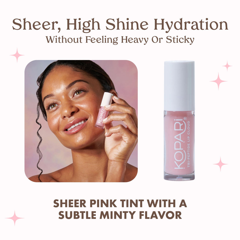 Kopari Tri-Peptide Lip Cloud application demonstrating quick lip hydration