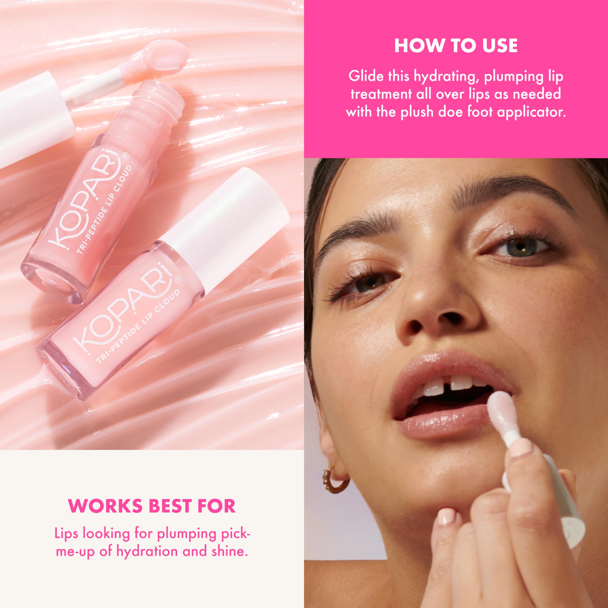Kopari Tri-Peptide Lip Cloud closeup emphasizing ceramides and hyaluronic acid benefits