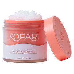 Kopari Tropical Coconut Melt jar closeup showing pure coconut oil for hydration.