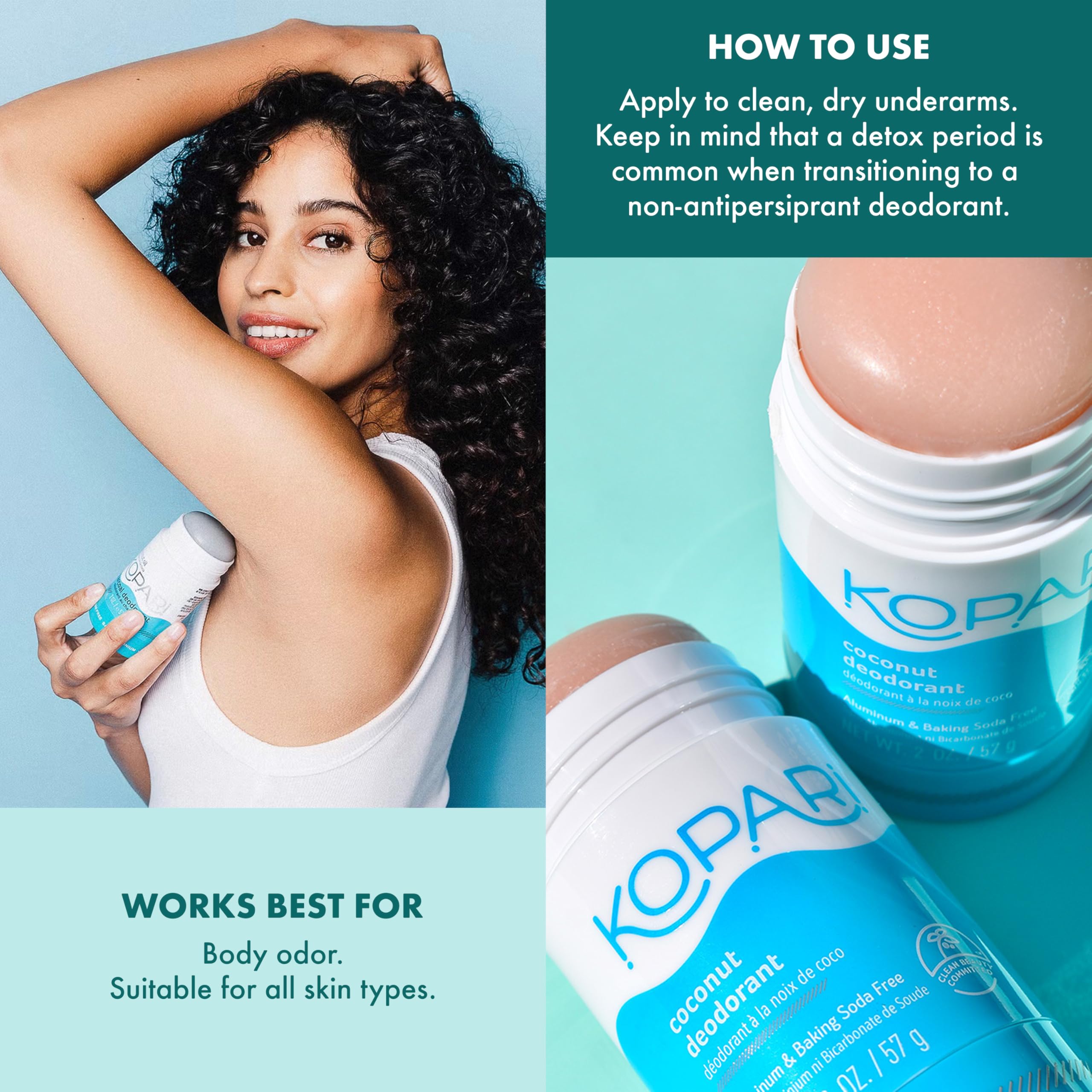 Kopari two-pack display highlighting aluminum-free, non-toxic deodorant option.