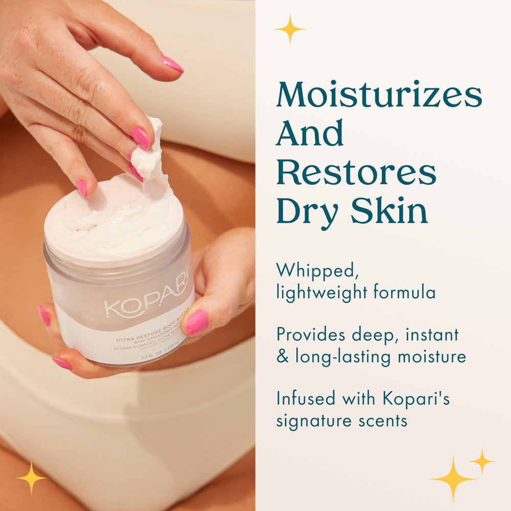 Kopari Ultra Restore Butter bottle on shelf signaling long-lasting moisture