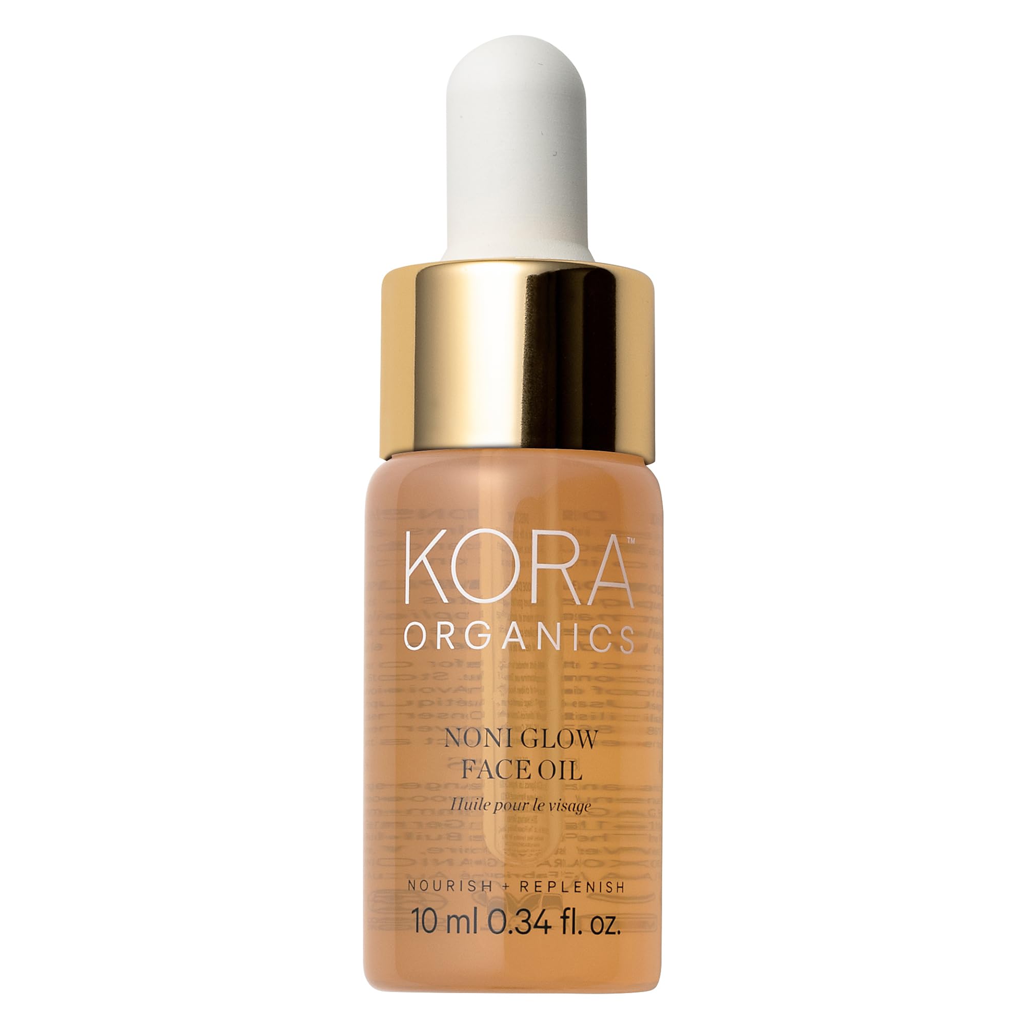 KORA Organics Noni Glow bottle close-up for nourishing skincare.