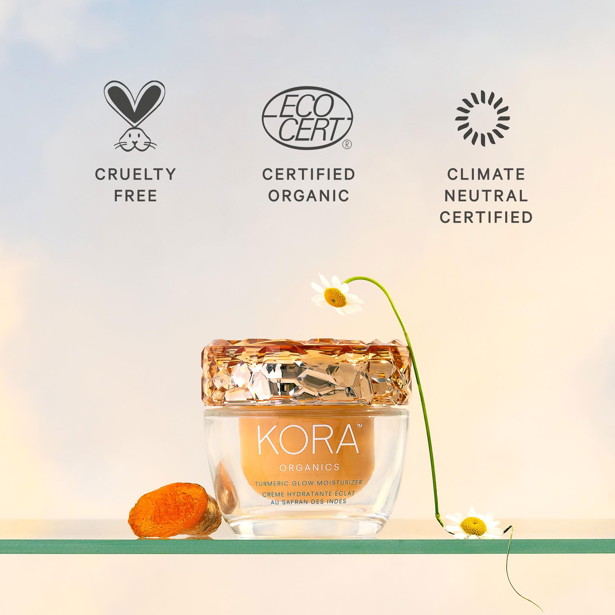 KORA Organics Turmeric Glow Moisturizer close-up texture under light for makeup prep