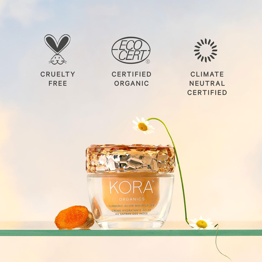 KORA Organics Turmeric Glow Moisturizer close-up texture under light for makeup prep